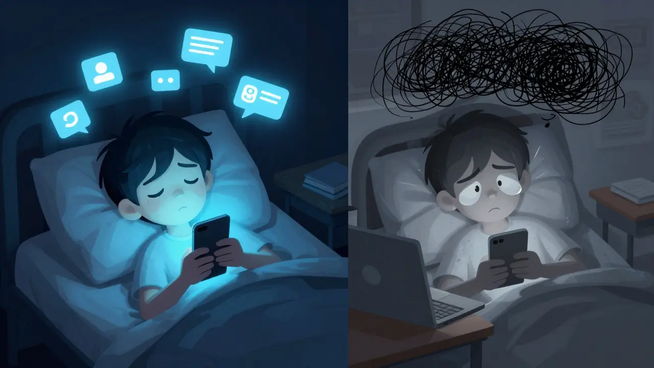 Kreslený obraz dopadu modrého světla z telefonu na náladu a koncentraci studenta.
