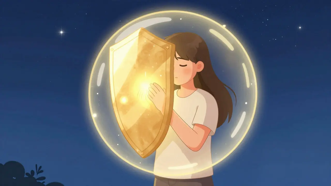 Metaforické znázornění psychické ochrany a zdravých hranic při pomáhaní druhým.