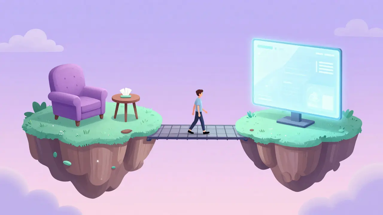 Metaforický most spojující osobní setkání v křesle a online terapii přes obrazovku.