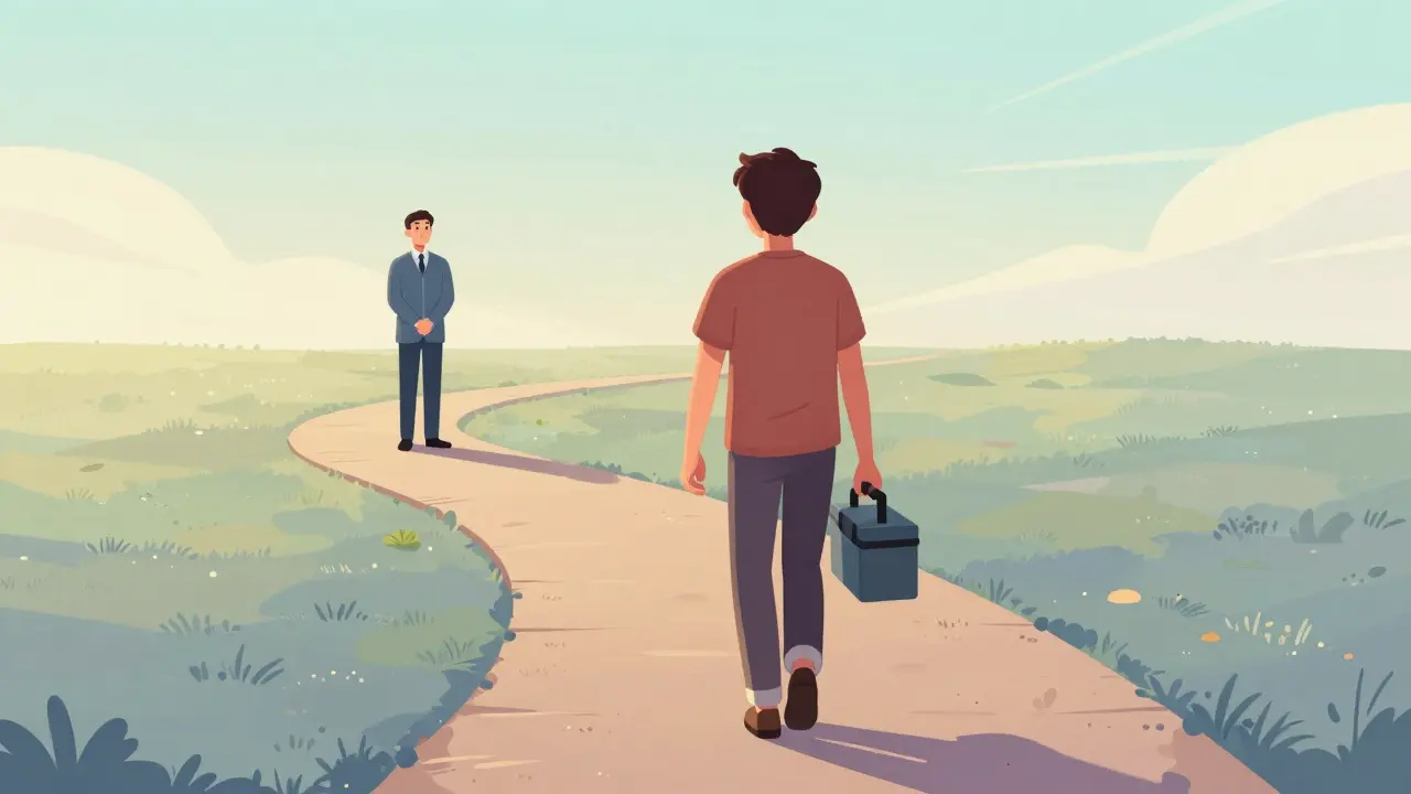 Osoba na cestě k cíli s terapeutem v pozadí jako symbol udržovací podpory.