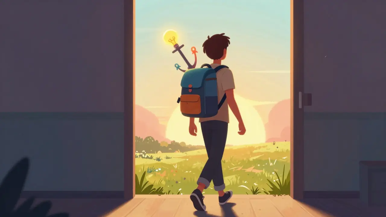 Osoba odchází s batohem nástrojů směrem k jasnému horizontu.