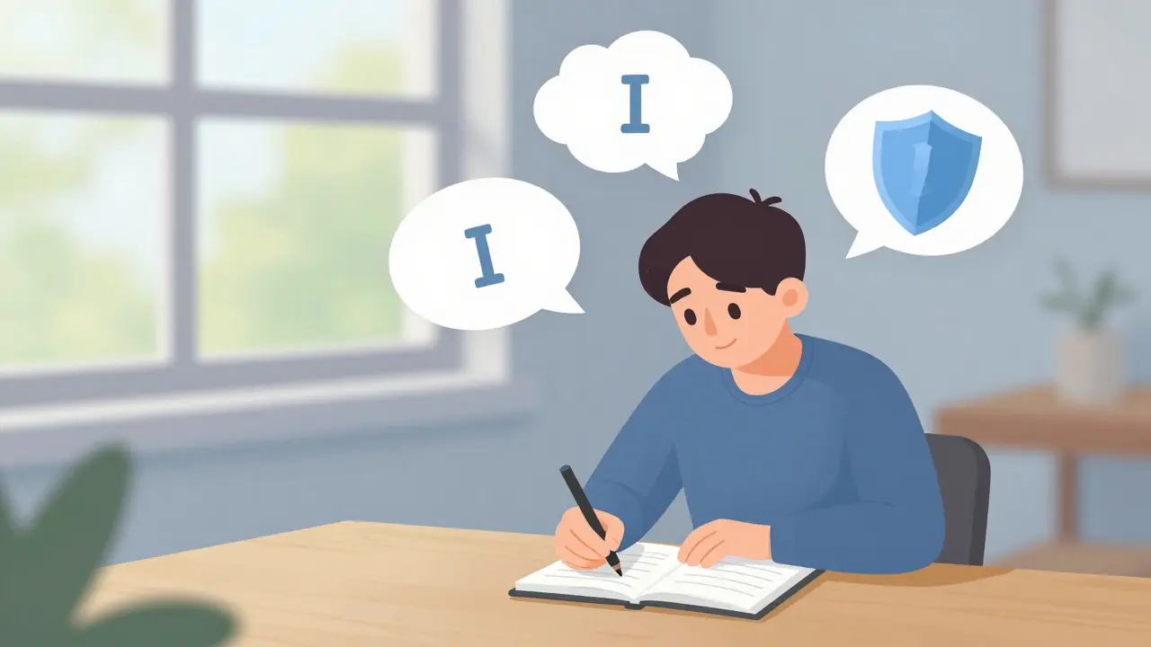 Osoba si zapisuje poznámky do deníku s nadvznosenými symboly zdravé komunikace.