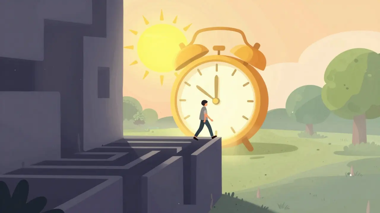 Osoba vystupující z mlžného labyrintu do slunečného rána s velkým budilníkem.