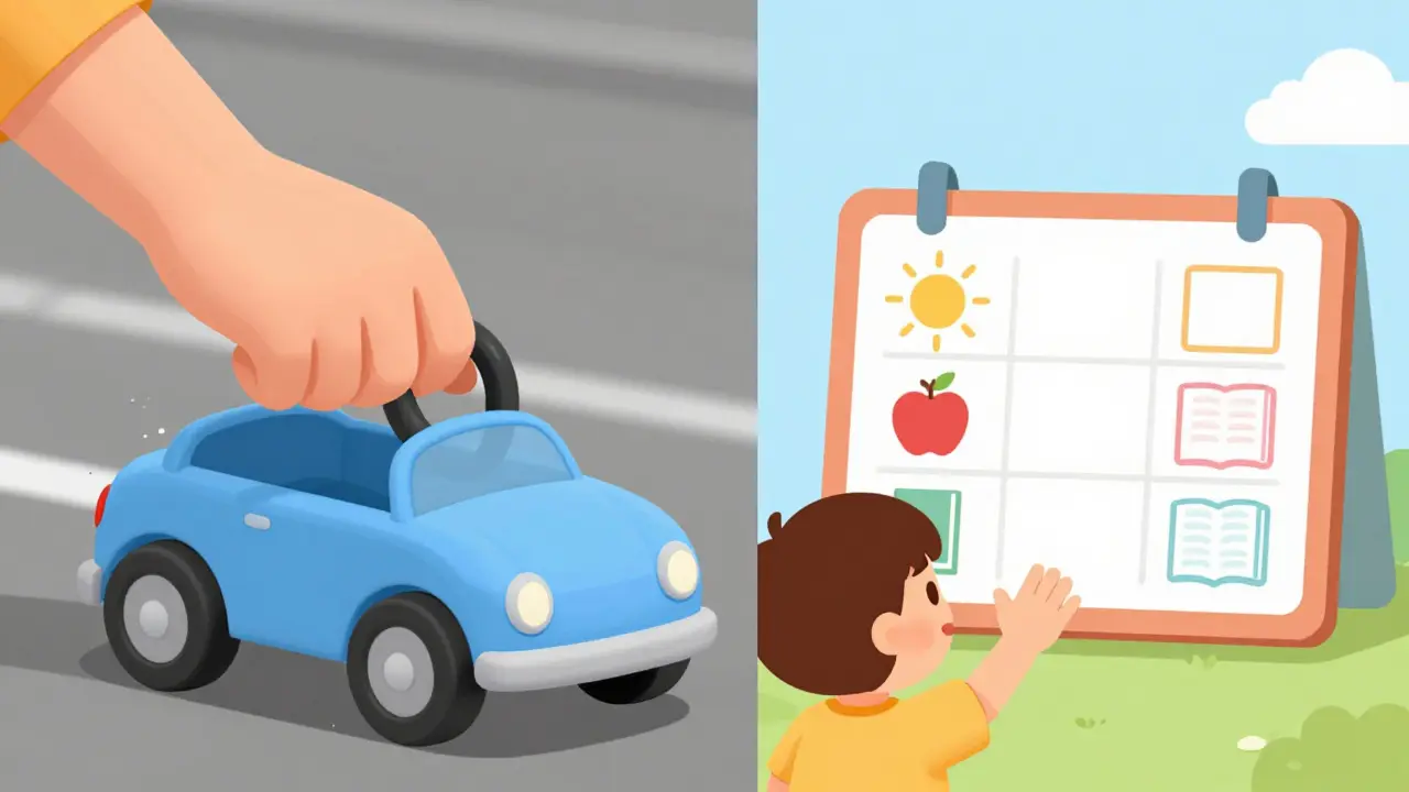 Srovnání detailního zaměření na hračku a použití vizuálního rozvrhu pro stabilitu.