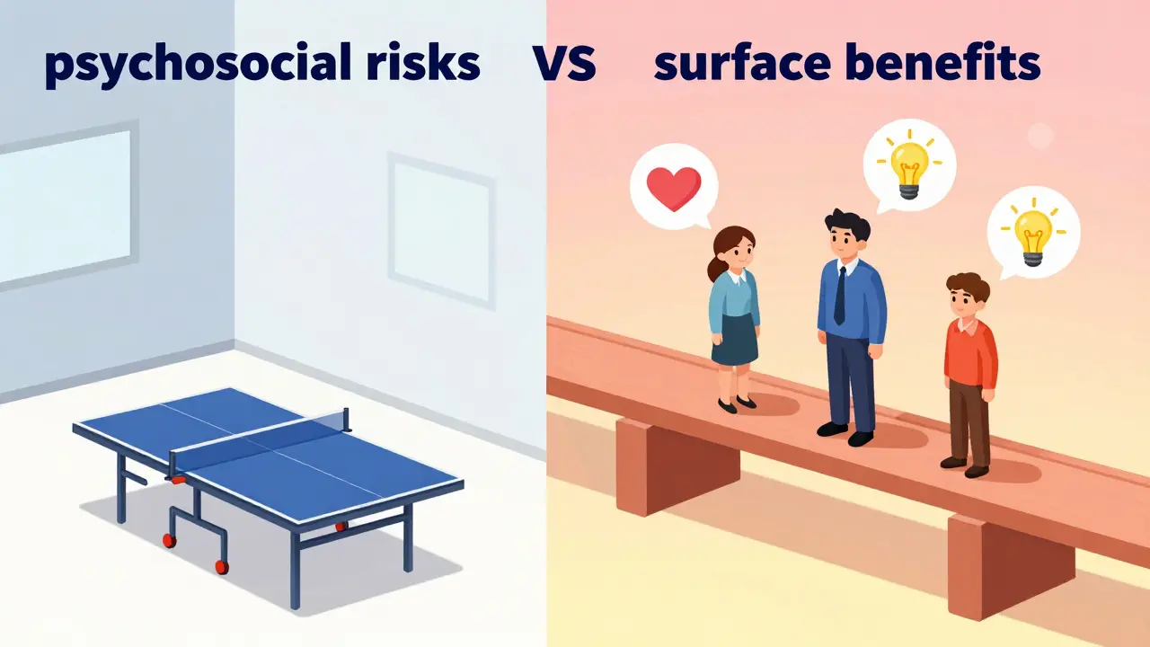 Srovnání povrchních benefitů s hlubší podporou a otevřenou komunikací v práci.