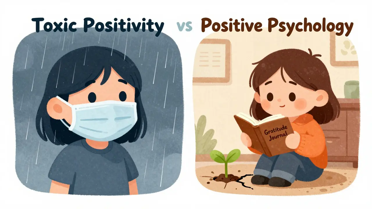 Srovnání toxické pozitivity s vědeckým přístupem pozitivní psychologie.