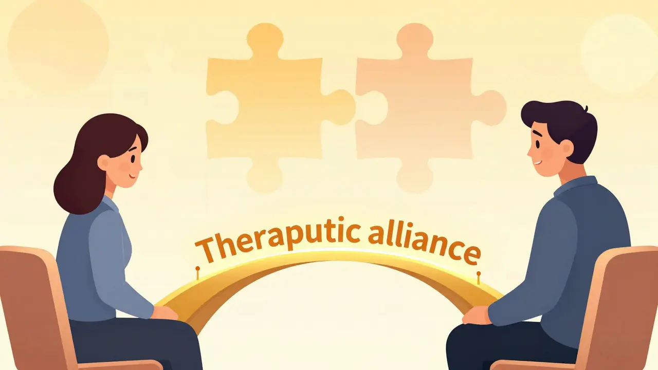 Terapeut a klient spojený zlatým mostem symbolizujícím obnovenou důvěru.