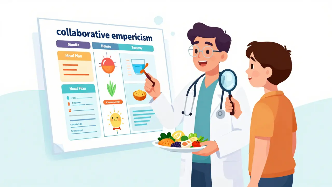 Terapeut a pacient společně zkoumají jídelní plán jako vědecký experiment.