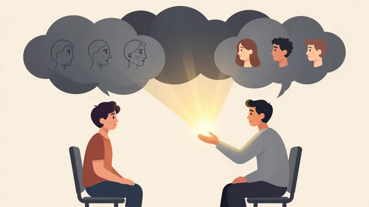 Terapeuta pomáhá pacientovi změnit negativní vnímání svého vzhledu na vyvážený celek.