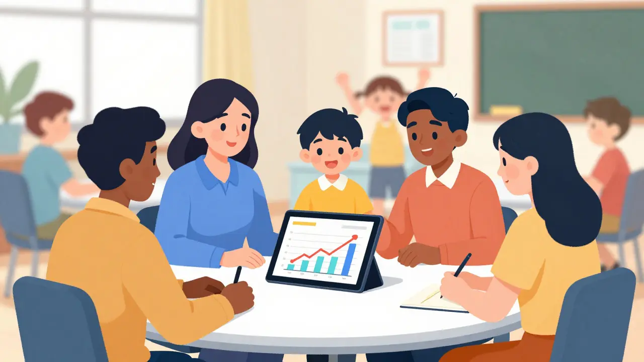 Tým tvořený učitelem, terapeutem a rodiči společně plánující podporu pro žáka.