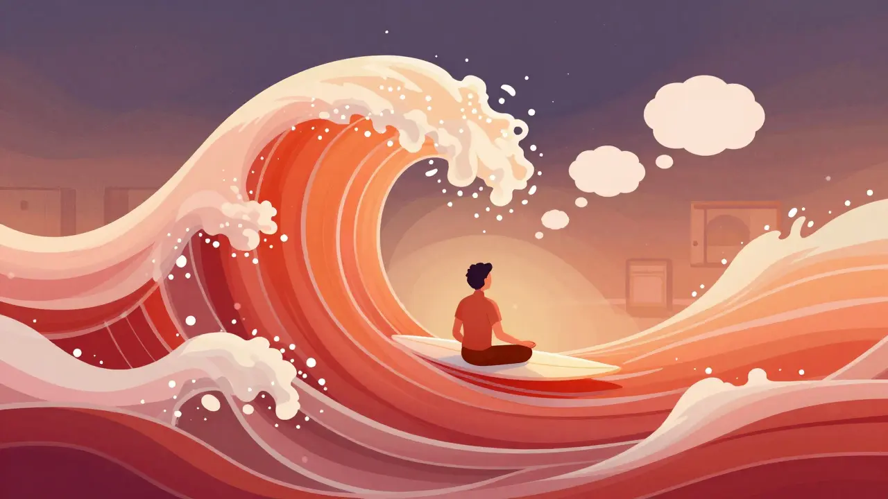 Ilustrace techniky surfování na touze po látce během meditace