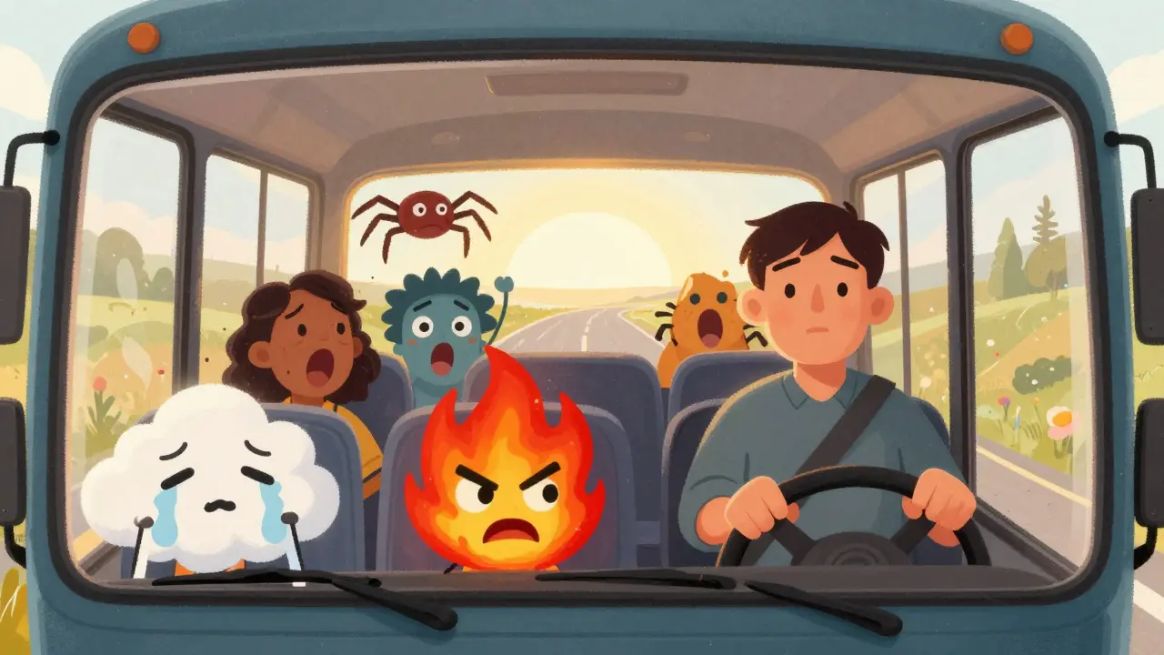 Kresba metaforiky ACT: řidič autobusu ignoruje křičící emoce a jede dál.