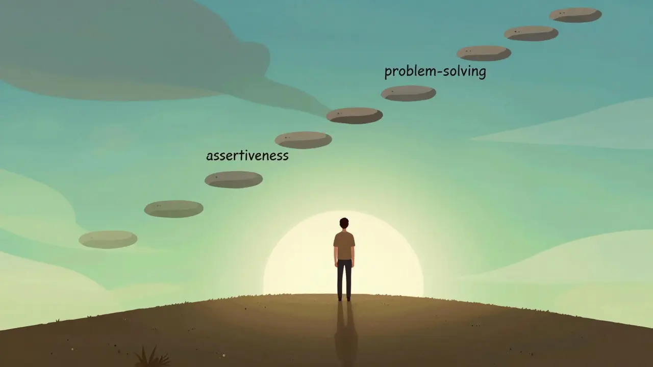 Postava na cestě k nezávislosti přes kamínky asertivity a řešení problémů