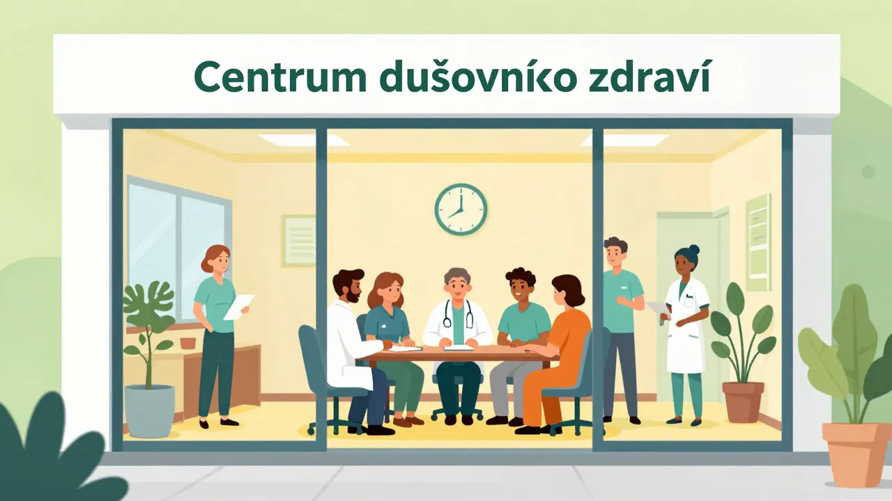 Přátelský tým odborníků v centru duševního zdraví pomáhá pacientovi.