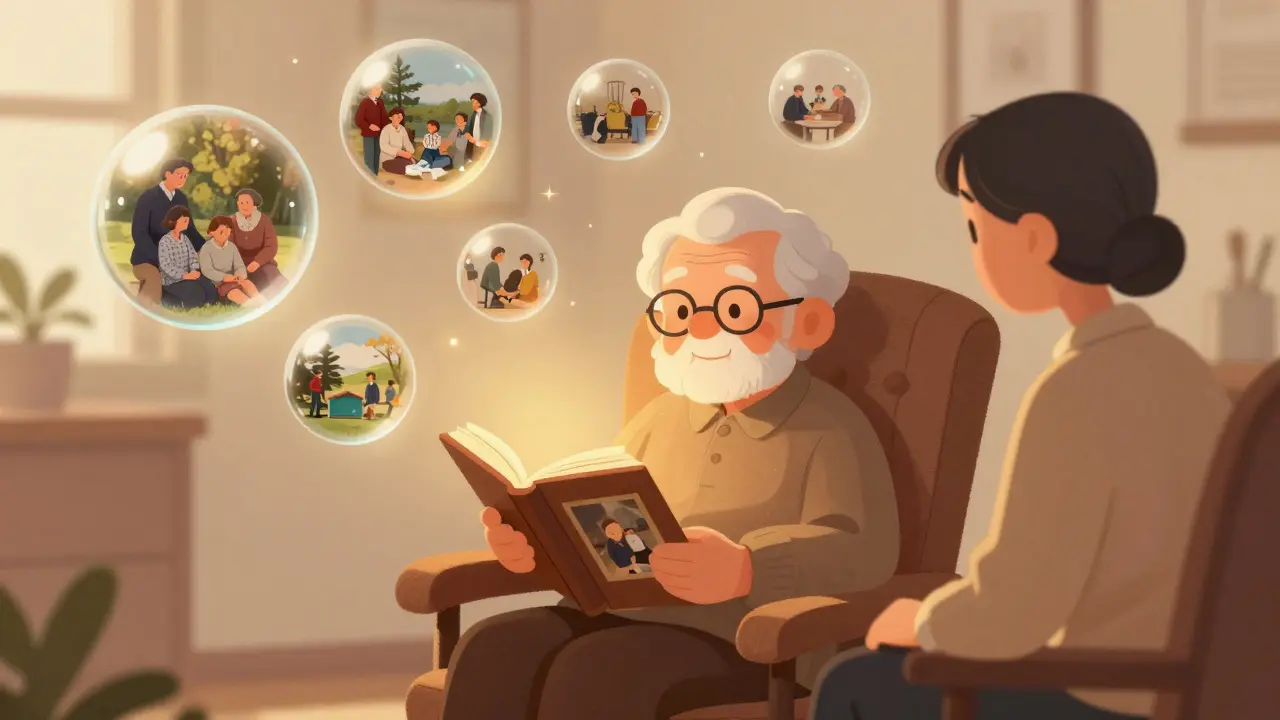 Senior prohlíží staré fotografie při reminiscenční terapii