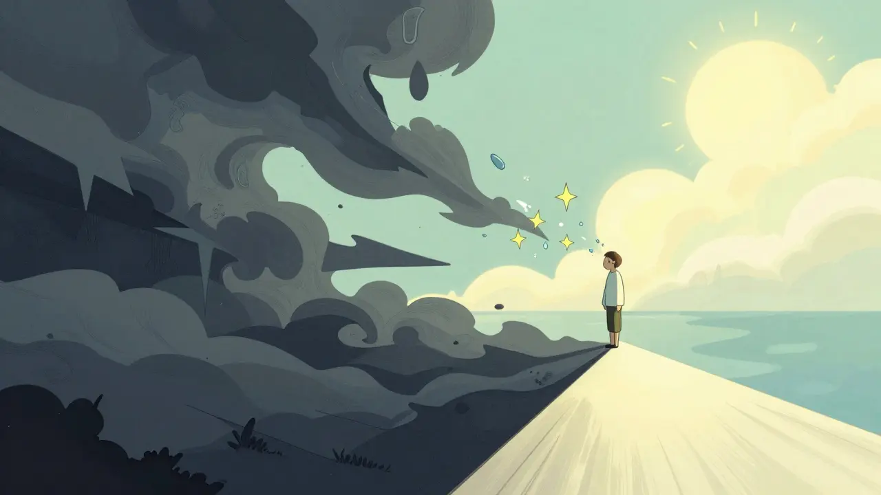 Abstraktní ilustrace emocionálního uvolnění, kde slzy přecházejí v světlo a naději.