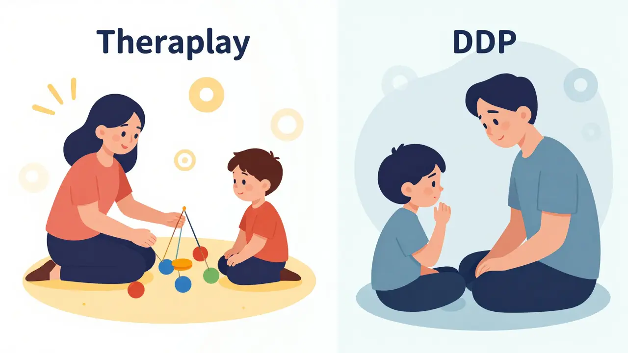 Ilustrace srovnávající metody Theraplay a DDP při práci s emocemi a vazbou dítěte.