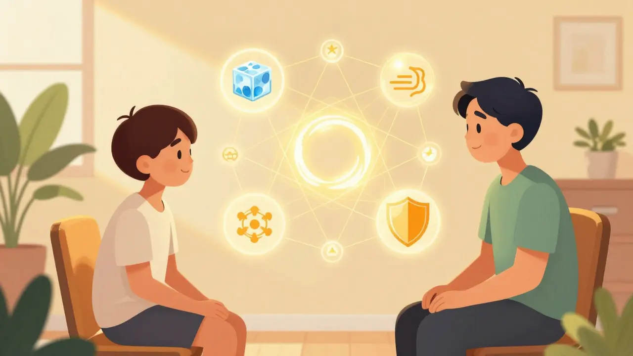 Ilustrace terapeutického procesu s plovoucími symboly zvládacích strategií a naděje