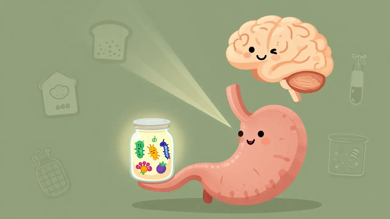 Metafora střevního mikrobiomu ovlivňujícího mozek a emoce