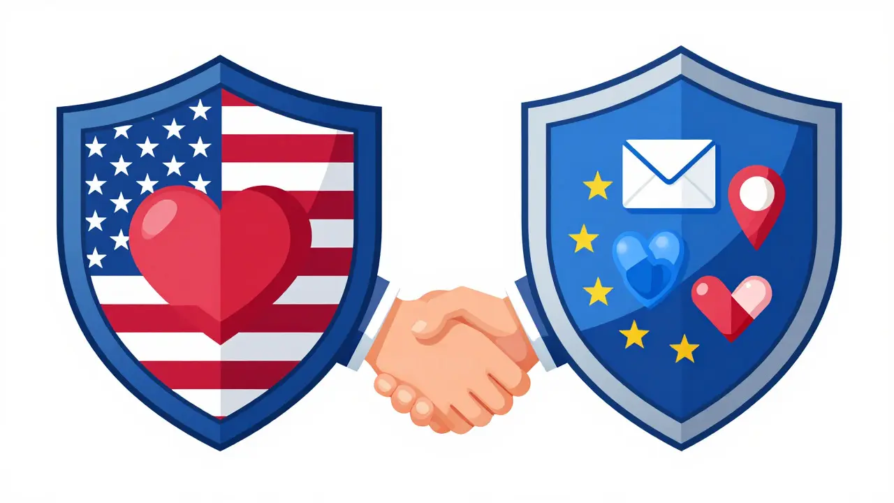 Rozdělená ilustrace porovnávající ochranu dat HIPAA a GDPR
