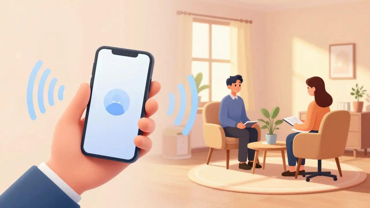 Ilustrace telefonické podpory a osobní konzultace s terapeutem