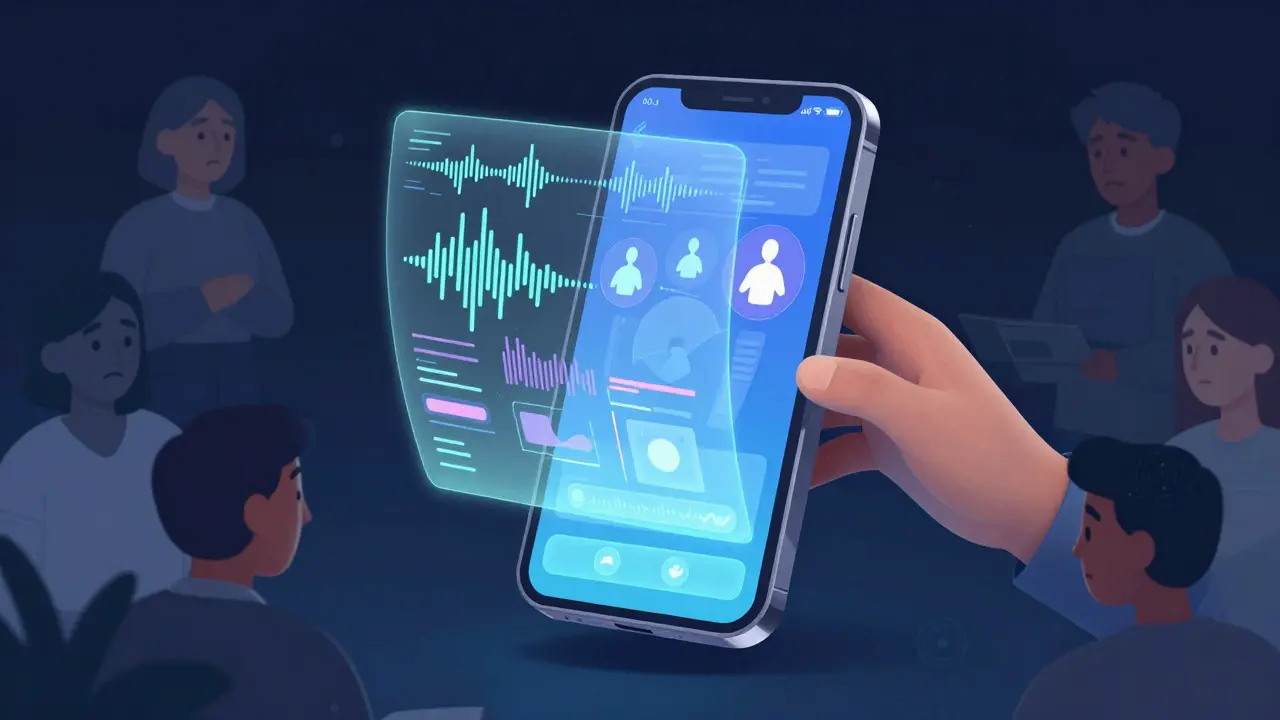 Konceptuální ilustrace chytrého telefonu analyzujícího hlas pomocí holografických dat