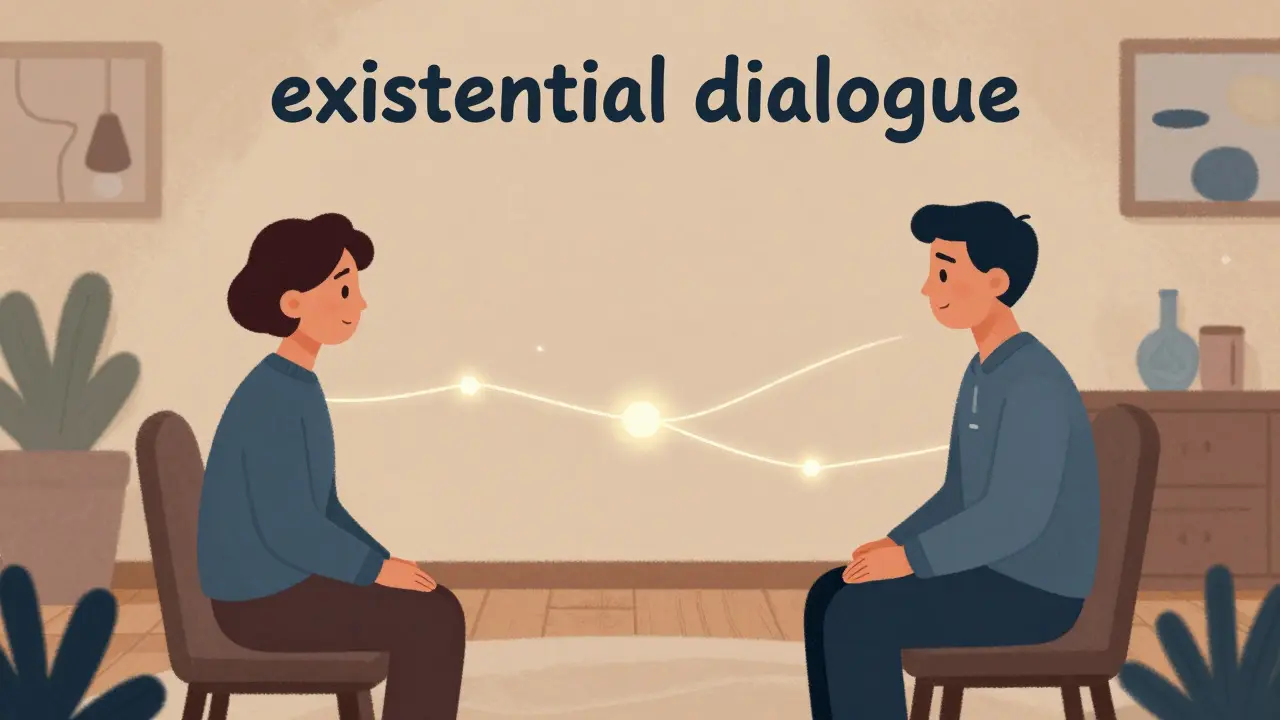 Konceptuální ilustrace terapeutického dialogu mezi pacientem a terapeutem
