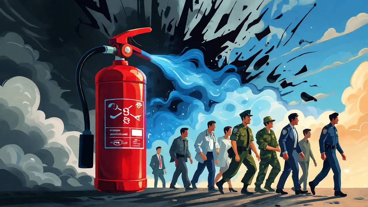 Ilustrace CISM jako hasicího přístroje chránícího tým před stresem