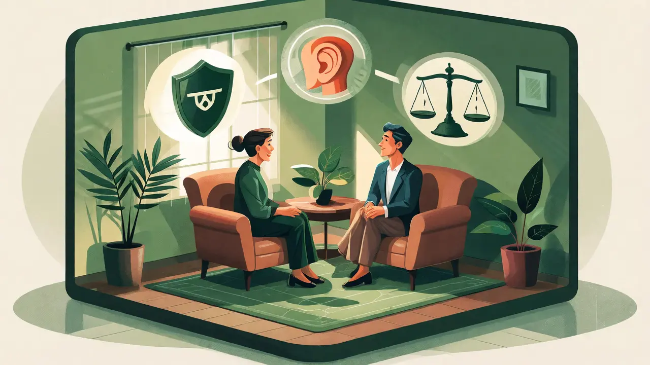 Ilustrace terapeutické sezení s ikonami důvěry a hranic v klidném pokoji