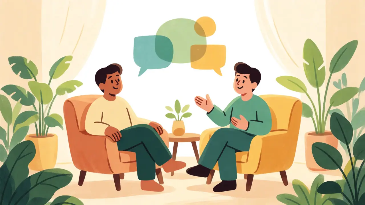 Ilustrace terapeutické sezení s pacientem a odborníkem v klidném prostředí