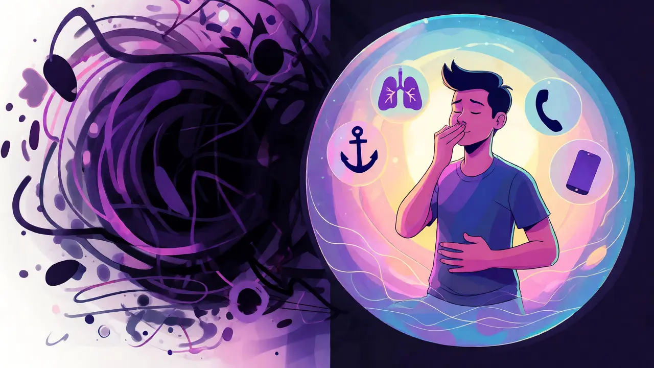 Konceptuální ilustrace klidné bubliny pro dýchání uprostřed abstraktního chaosu úzkosti.