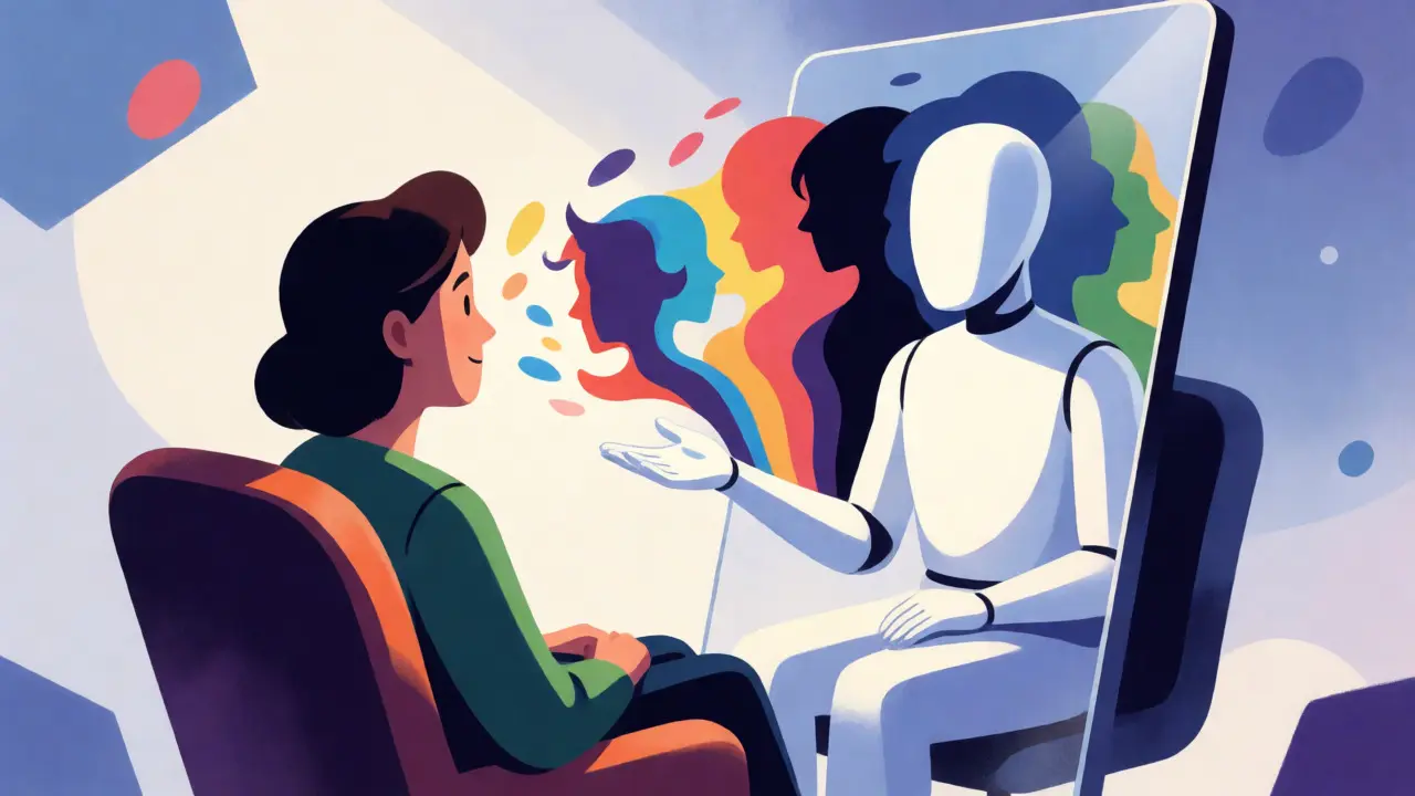 Konceptuální ilustrace klienta promítajícího své emoce na neutrální postavu terapeuta jako prázdné obrazovky.