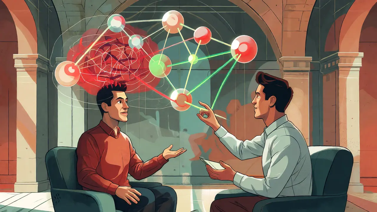 Konceptuální ilustrace kognitivně-behaviorální terapie s vizualizací myšlenkových vzorců.