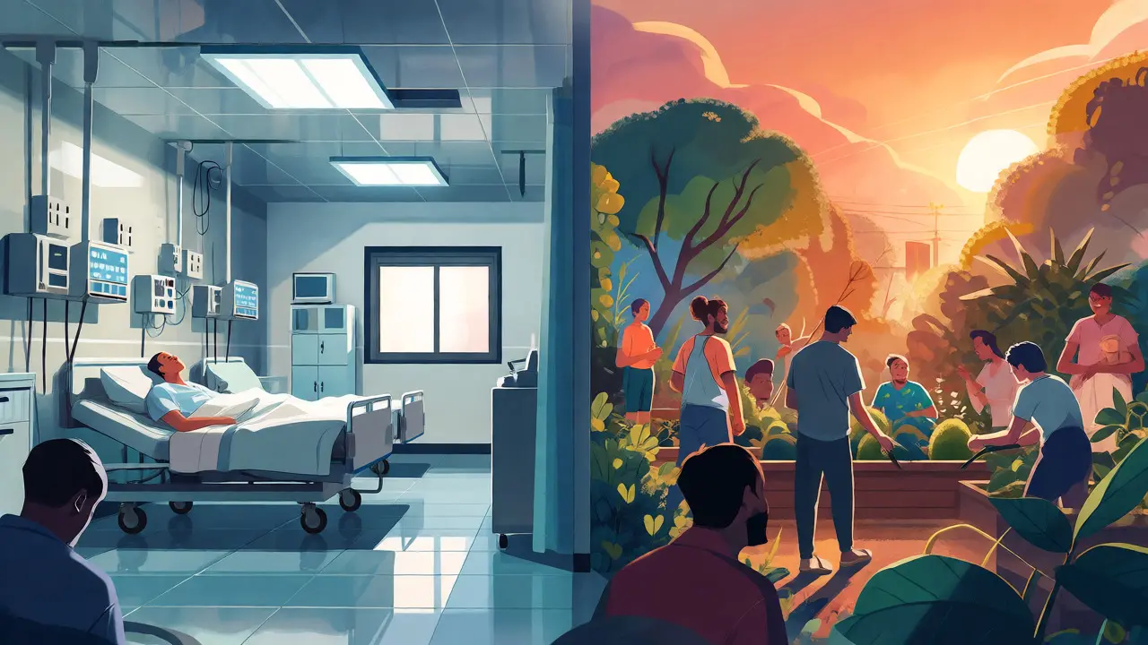 Porovnání chladné psychiatrické léčebny a teplé terapeutické komunity v ilustračním stylu.