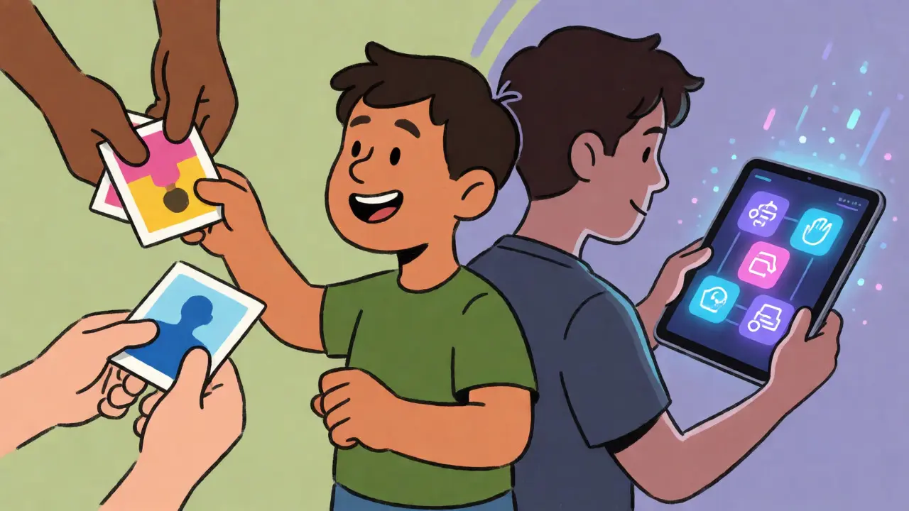 Porovnání výměny obrázkových karet a digitálního tabletu pro komunikaci.