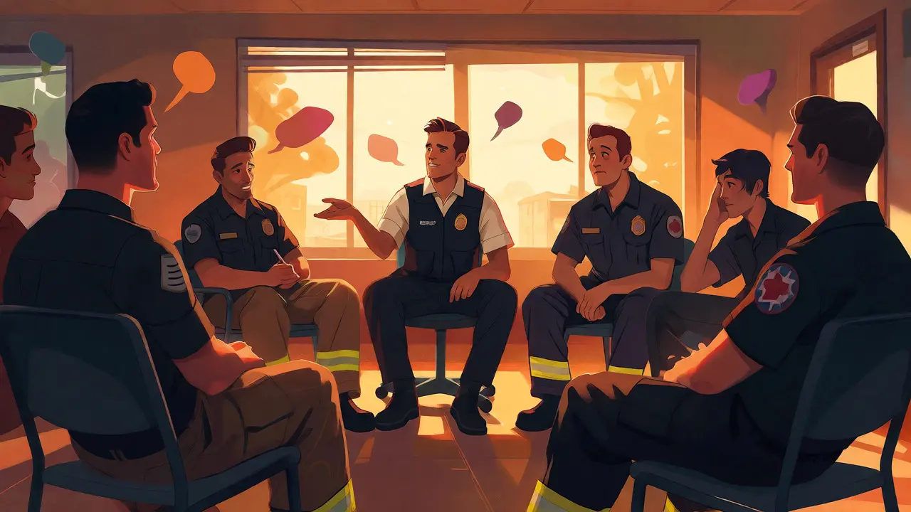 Skupinový debriefing vedený peer supporterem v kruhu kolegů