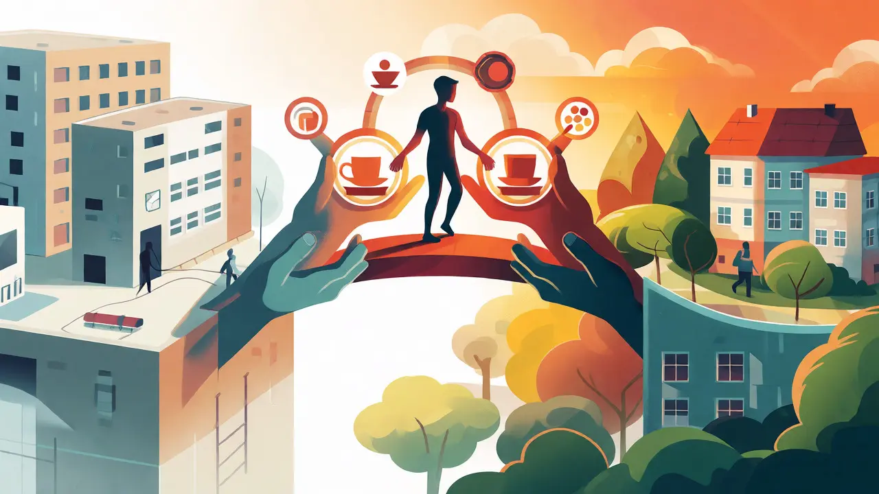 Ilustrace mostu z rukou spojujícího kliniku a komunitu