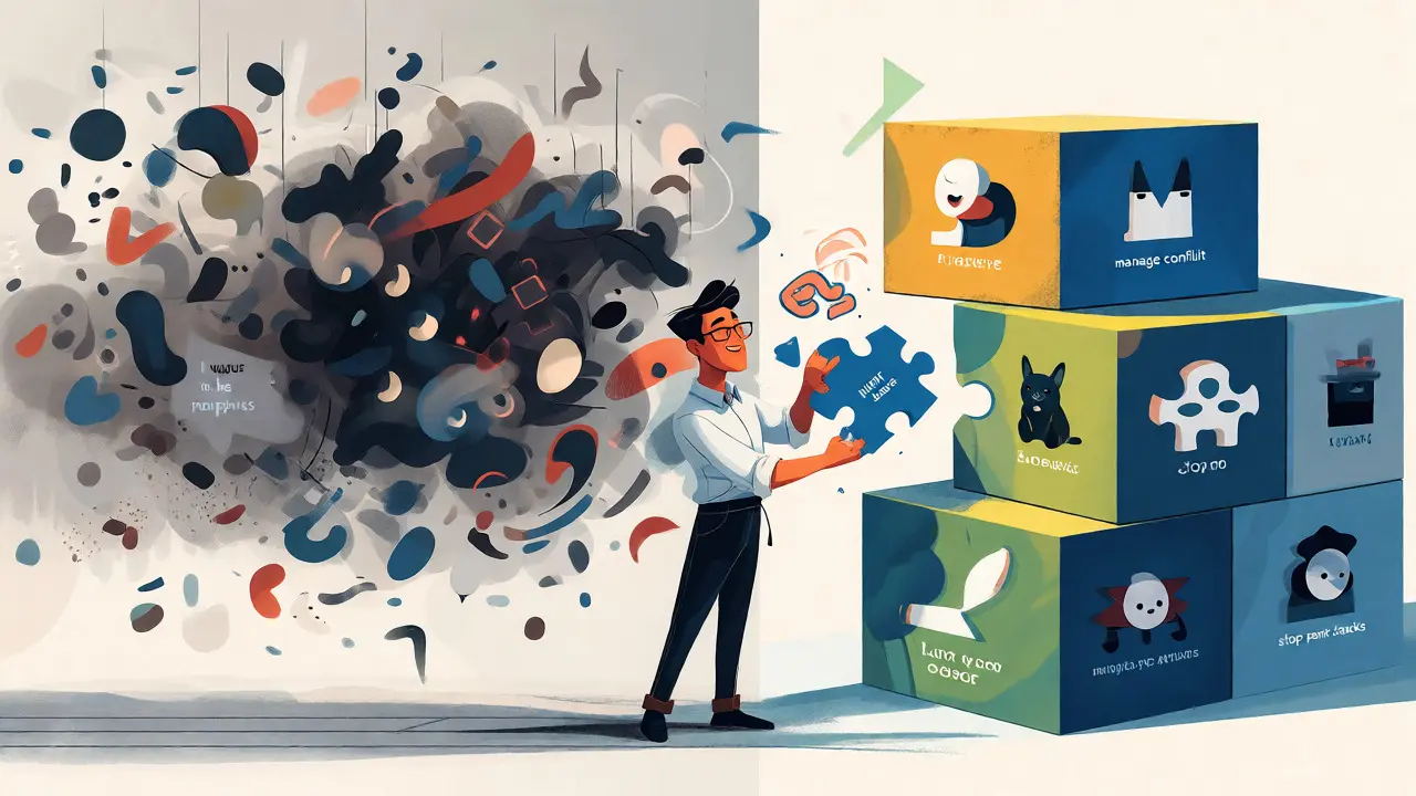 Ilustrace transformace mlhavých problémů na konkrétní cíle terapie