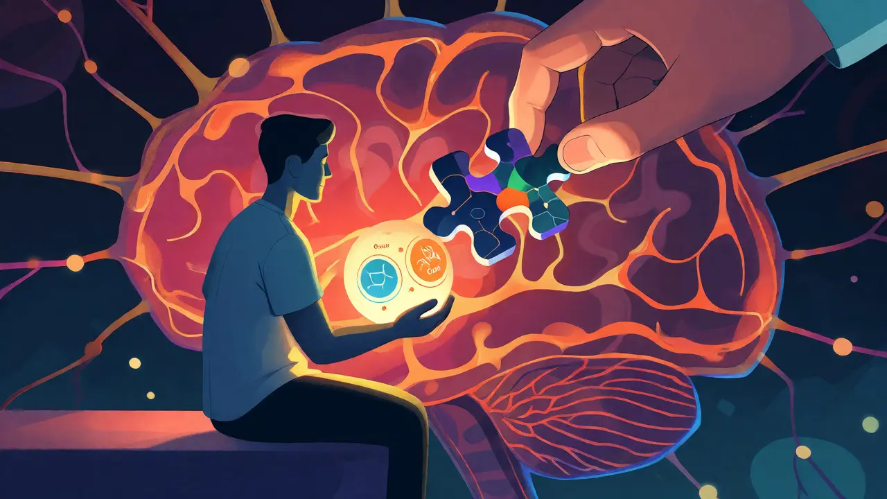 Konceptuální ilustrace stabilizace mozku při terapii ADHD a úzkosti